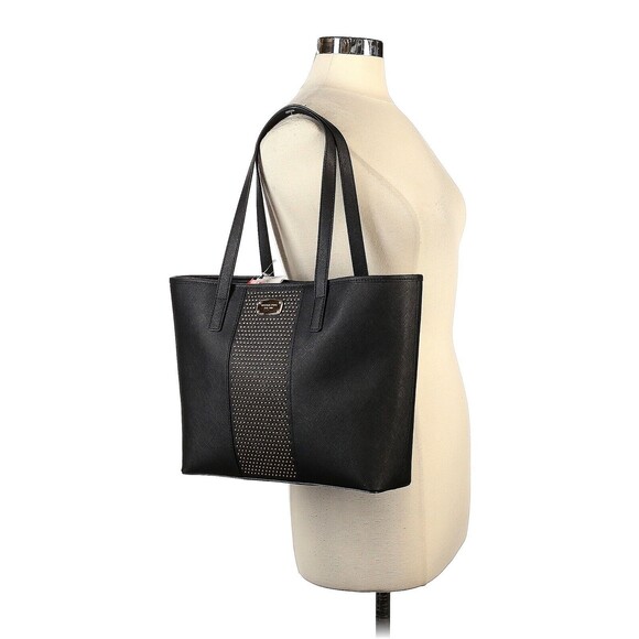 MICHAEL KORS Solid Black Leather Micro Stud Center Stripe Small Travel Tote Bag - Picture 2 of 7